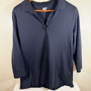 Lands' End Women's Polo Shirt Large Black 3/4 Sleeve Cotton Comfort Top Relax